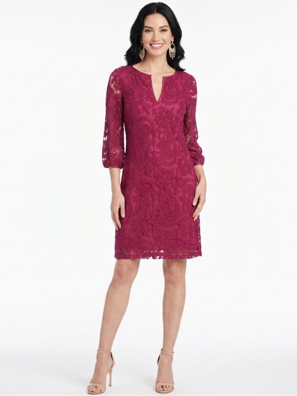 Adrianna Papell Women Dress Sheath Magenta Lace Three-Fourth Sleeve  Size 14
